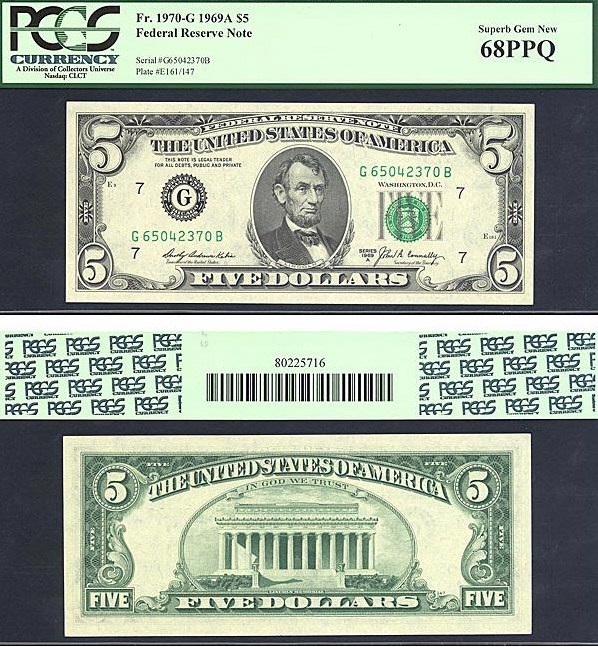 image for: Fr.1970G 1969A $5 Dark Green Seal PCGS Gem CU68 PPQ  [G65042370B]