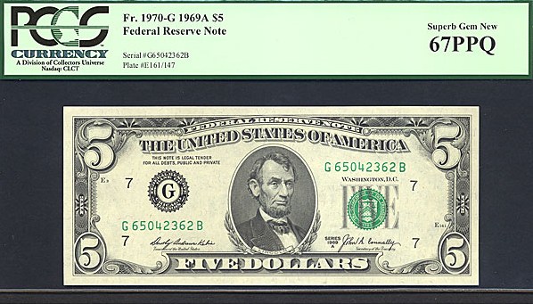 image for: 1969A $5 PCGS Gem CU67 PPQ  (Fr.1970G)