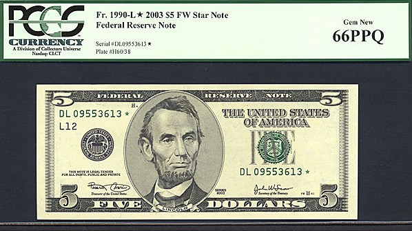 image for: Fr.1990L 2003 $5 Ft. Worth, TX PCGS Gem CU66 PPQ  [DL09553613] *Star* 