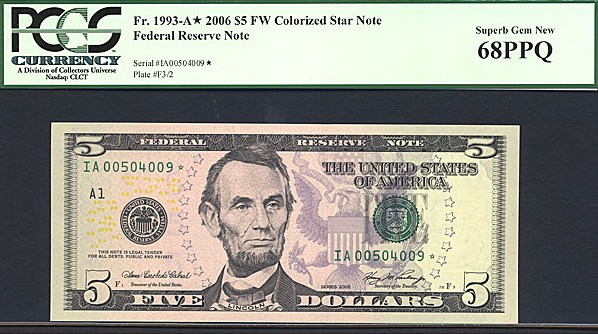 image for: Fr.1993A 2006 $5 Fort Worth, TX PCGS Gem CU68 PPQ  [IA00504009] *Star* 