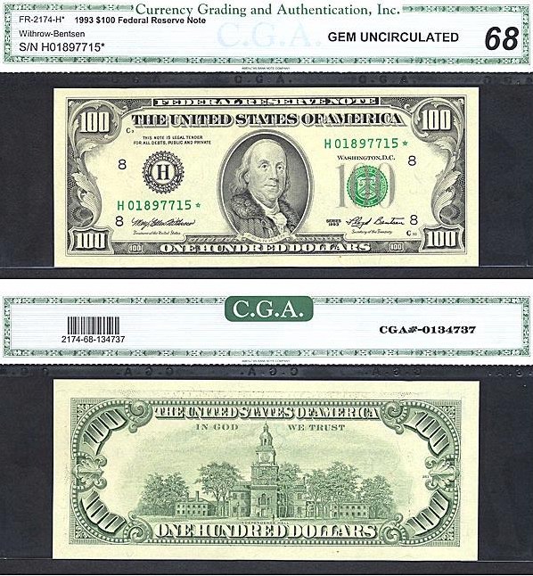 image for: Fr.2174H 1993 $100  CGA Gem CU68  [H01897715] *Star*