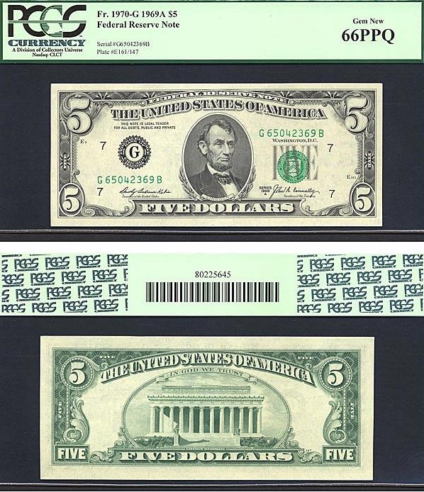 image for: Fr.1970G 1969A $5 Dark Green Seal PCGS Gem CU66 PPQ  [G65042369B]