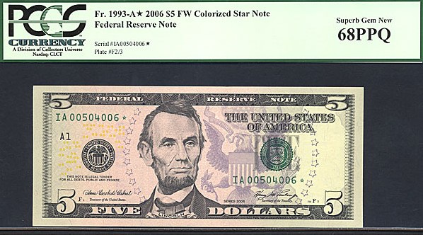 image for: Fr.1993A 2006 $5 Fort Worth, TX PCGS Gem CU68 PPQ  [IA00504006] *Star* 