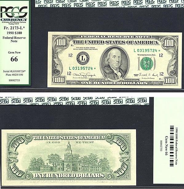 image for: Fr.2173L 1990 $100  PCGS Gem CU66  [L03195724] *Star*