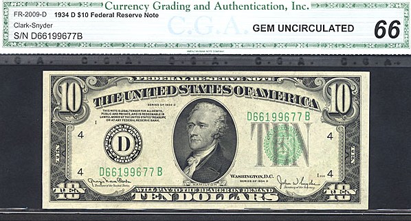 image for: Fr.2009D 1934D $10 Dark Green Seal CGA Gem CU66  [D66199677B]