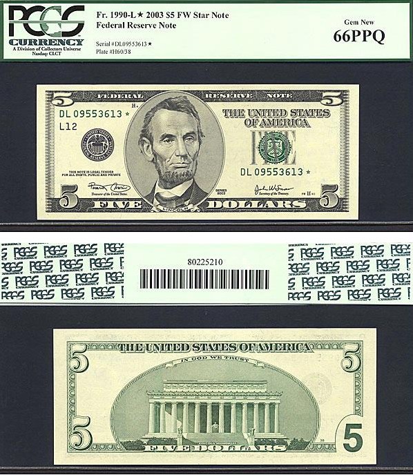 image for: Fr.1990L 2003 $5 Ft. Worth, TX PCGS Gem CU66 PPQ  [DL09553613] *Star* 