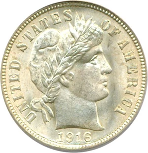 image for: 1916 10c Barber PCGS MS65