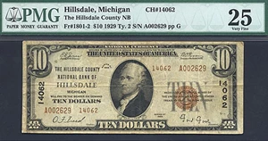 image for: 1929 $10 Hillsdale County NB, MI PCGS VF25 (Fr.1801-2, Ty.2, Charter #14062)