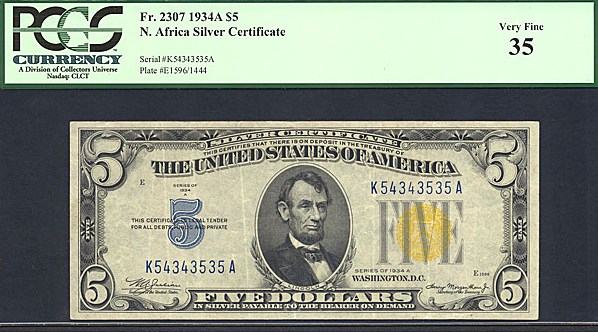 image for: Fr.2307 1934A $5 North Africa PCGS VF35  [K54343535A]