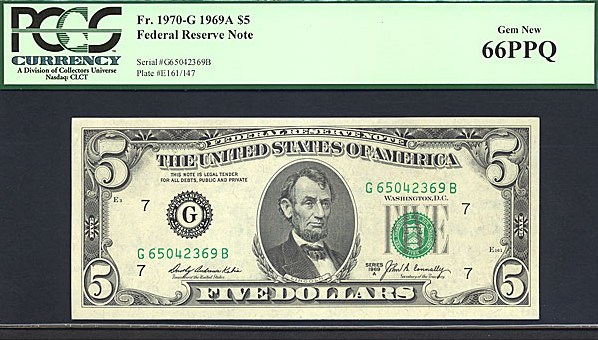 image for: Fr.1970G 1969A $5 Dark Green Seal PCGS Gem CU66 PPQ  [G65042369B]