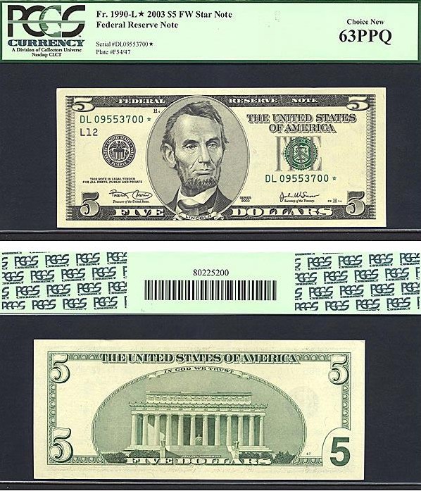 image for: Fr.1990L 2003 $5 Ft. Worth, TX PCGS Choice CU63 PPQ  [DL09553700] *Star* 