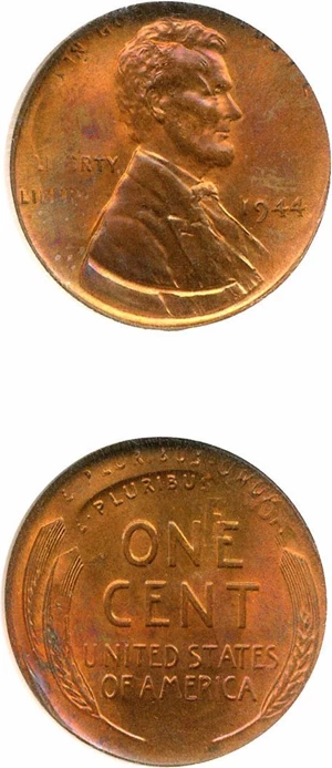 image for: Mint Error: 1944 1c NGC MS65 RB - Triple Struck