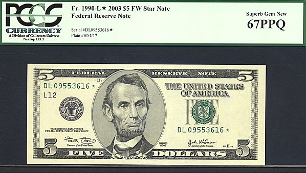 image for: Fr.1990L 2003 $5 Ft. Worth, TX PCGS Gem CU67 PPQ  [DL09553616] *Star* 