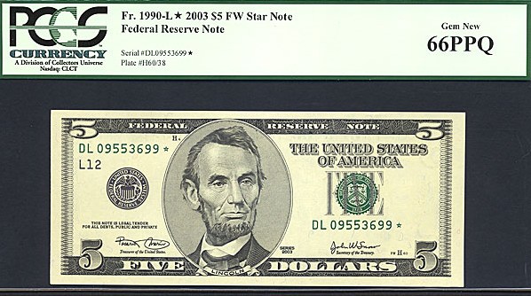 image for: Fr.1990L 2003 $5 Ft. Worth, TX PCGS Gem CU66 PPQ  [DL09553699] *Star* 