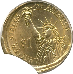 image for: Mint Error: 2007 $1 John Adams PCGS MS65 - 15% Dbl Clip & Uncent. B/S, Missing Edged Lettering