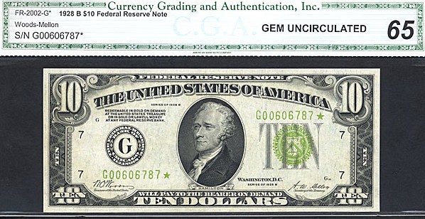 image for: Fr.2002G 1928B $10  CGA Gem CU65  [G00606787] *Star*  *Fancy Serial*