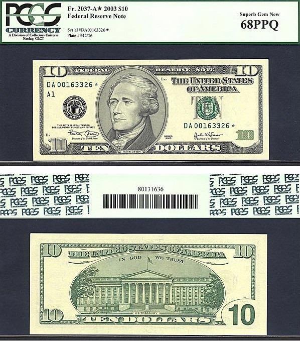 image for: Fr.2037A 2003 $10 Washington, DC PCGS Gem CU68 PPQ  [DA00163326] *Star*
