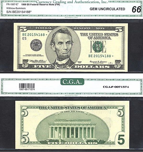 image for: Fr.1987E 1999 $5 Fort Worth, TX CGA Gem CU66  [BE20154188] *Star*