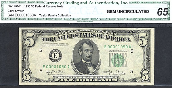 image for: Fr.1961E 1950 $5 Dark Green Seal CGA Gem CU65  [E00001050A] ex: Taylor Family Collection