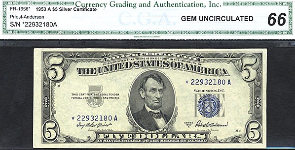 image for: Fr.1656 1953A $5  CGA Gem CU66  [22932180A] *Star*