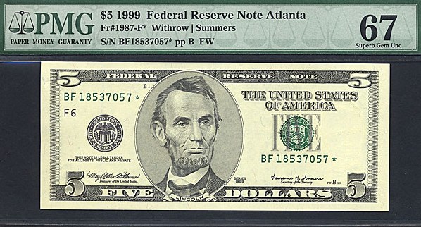 image for: Fr.1987F 1999 $5 Fort Worth, TX PMG Gem CU67  [BF18537057] *Star*