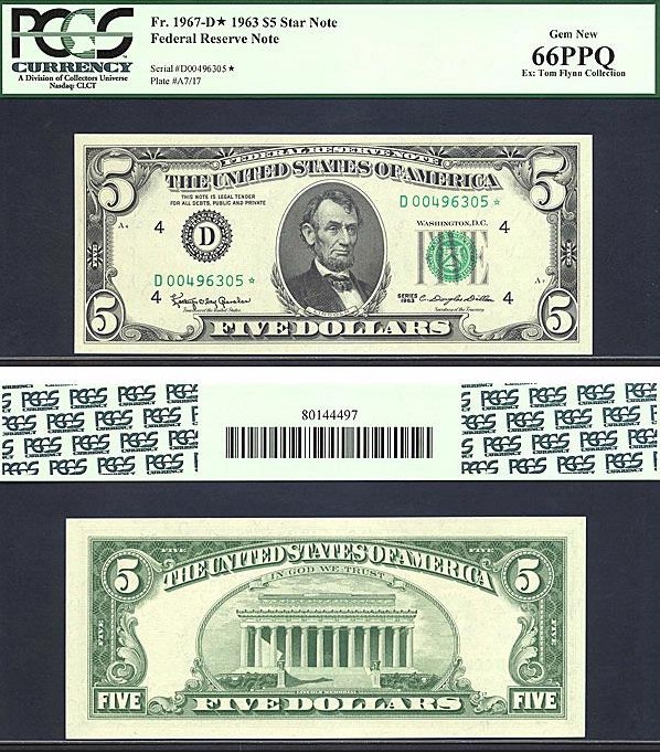 image for: Fr.1967D 1963 $5 Dark Green Seal PCGS Gem CU66 PPQ [D00496305] - ex: Tom Flynn Collection