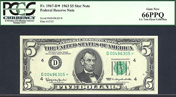 image for: Fr.1967D 1963 $5 Dark Green Seal PCGS Gem CU66 PPQ [D00496305] - ex: Tom Flynn Collection