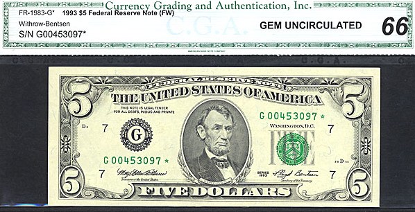 image for: Fr.1983G 1993 $5 Fort Worth, TX CGA Gem CU66  [G00453097] *Star*