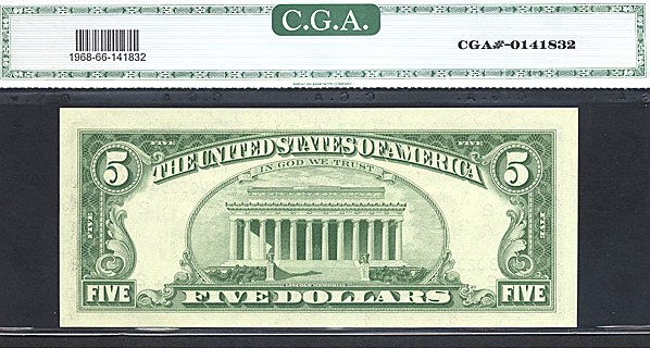 image for: Fr.1968B 1963A $5 Dark Green Seal CGA Gem CU66  [B02340505] *Star*