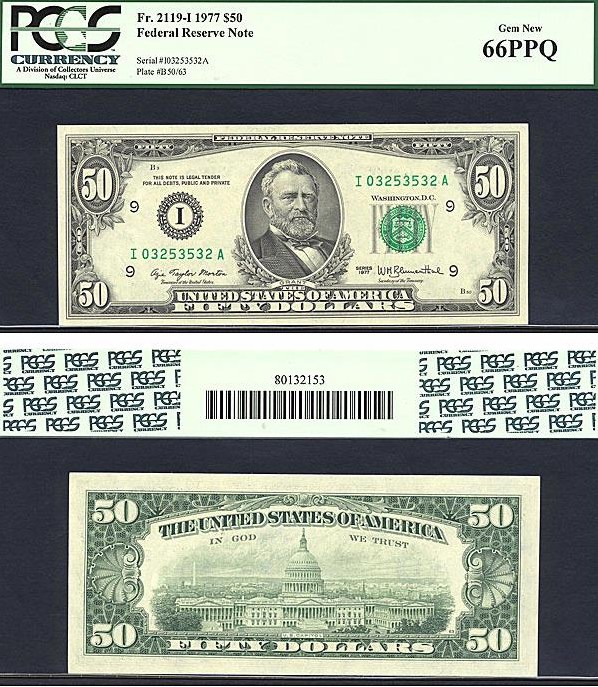 image for: 1977 $50 PCGS Gem CU66 PPQ (Fr.2119I)