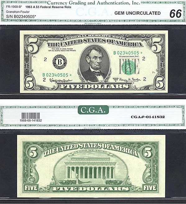 image for: Fr.1968B 1963A $5 Dark Green Seal CGA Gem CU66  [B02340505] *Star*