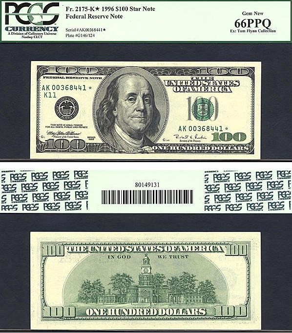 image for: Fr.2175K 1996 $100  PCGS Gem CU66  [AK00368441] *Star*  *Fancy Serial*