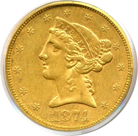 image for: 1874-S $5  PCGS/CAC AU53 OGH