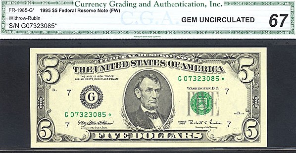 image for: Fr.1985G 1995 $5 Fort Worth, TX CGA Gem CU67  [G07323085] *Star*