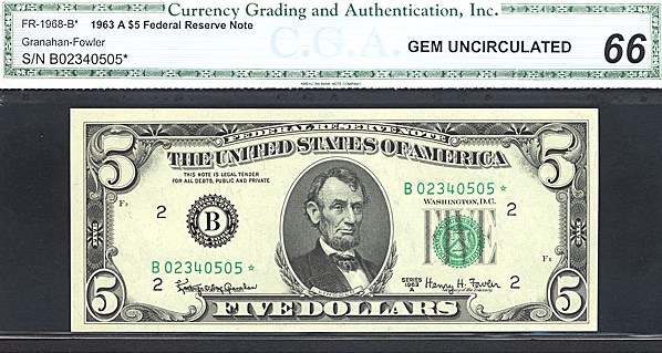 image for: Fr.1968B 1963A $5 Dark Green Seal CGA Gem CU66  [B02340505] *Star*