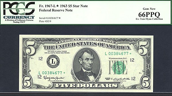 image for: Fr.1967L 1963 $5 Dark Green Seal PCGS Gem CU66 PPQ [L00384677] *Star* - ex: Tom Flynn Collection