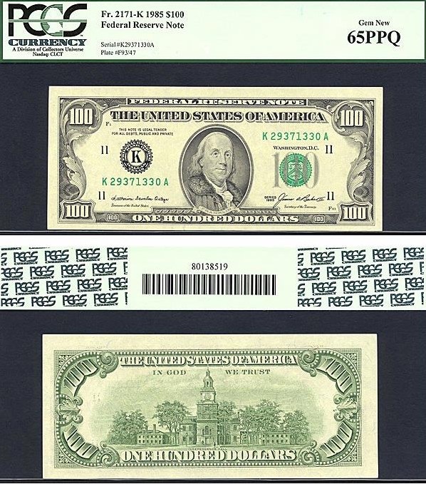 image for: Fr.2171K 1985 $100  PCGS Gem CU65 PPQ  [K29371330A]