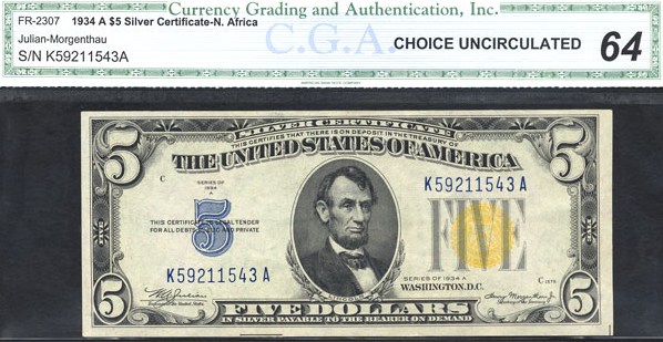 image for: Fr.2307 1934A $5 North Africa CGA Choice CU64  [K59211543A]