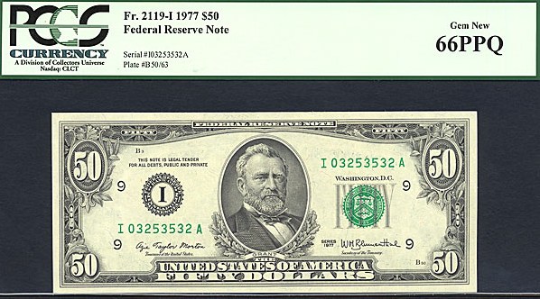 image for: 1977 $50 PCGS Gem CU66 PPQ (Fr.2119I)