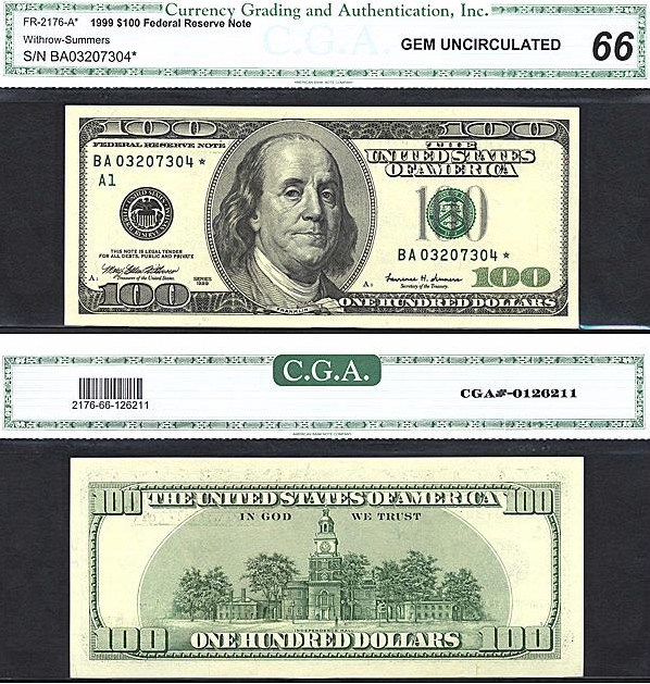 image for: Fr.2176A 1999 $100  CGA Gem CU66  [BA03207304] *Star*  *Fancy Serial*