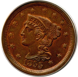 image for: 1855 1c Upright 55 PCGS/CAC MS64 BN