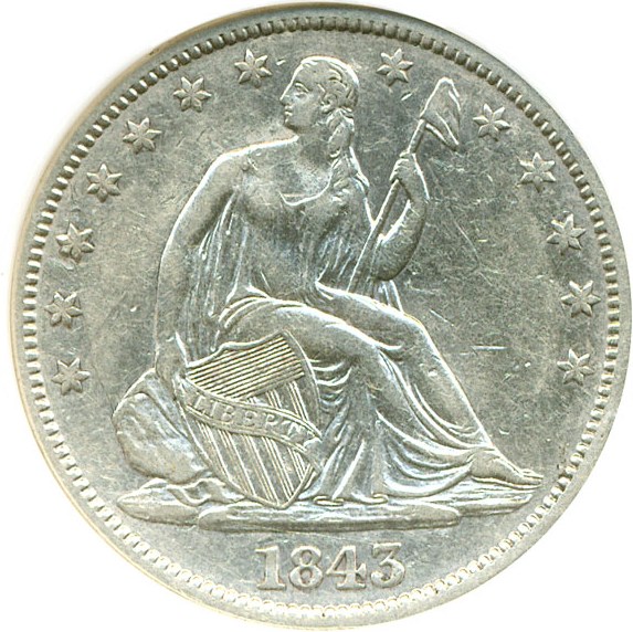 image for: 1843 50c DGS XF45  (Cleaned, Light Scratch Obverse)