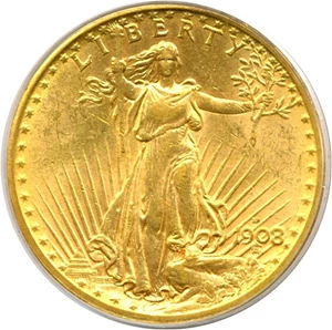 image for: 1908-D $20 No Motto PCGS MS62