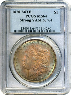 image for: 1878 7/8TF $1 Strong VAM 36 7/4 PCGS MS64 * Color *