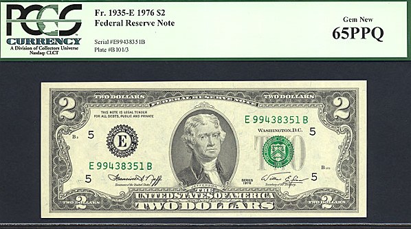 image for: 1976 $2  PCGS Gem CU65 PPQ  (Fr.1935E)