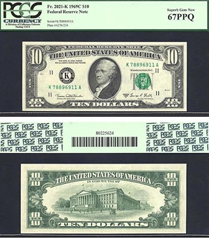 image for: 1969C $10 PCGS Gem CU67 PPQ (Fr.2021K, KA Block)