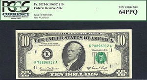 image for: 1969C $10 PCGS Choice CU64 PPQ (Fr.2021K)