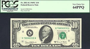 image for: 1969C $10 PCGS Choice CU64 PPQ (Fr.2021K)
