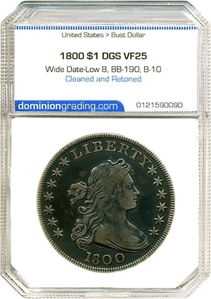 image for: 1800 $1 Wide Date-Low 8 DGS VF25 (BB-190, B-10; Cleaned and Retoned)
