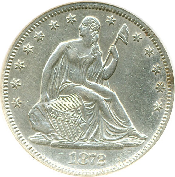 image for: 1872 50c DGS AU55  (Cleaned, Environmental Damage)